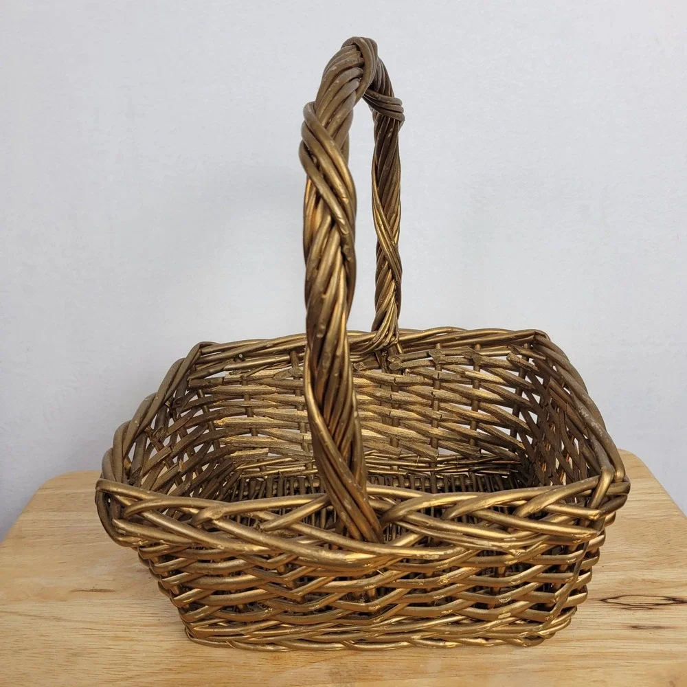 Gold Painted Wicker Flower Basket Vintage Gathering Woven Basket With Handle